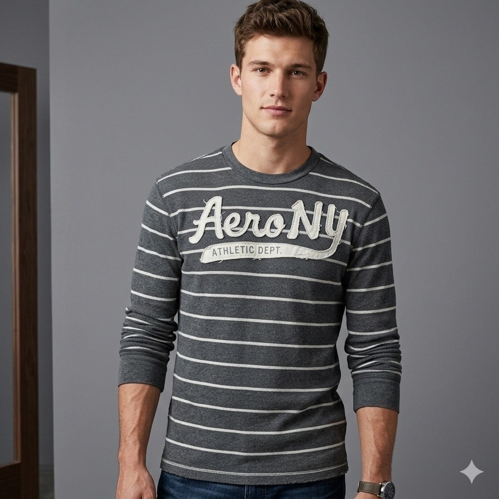 Aeropostale Mens Size Large Aero NY Athletic Dept Shirt Gray Striped Thermal
